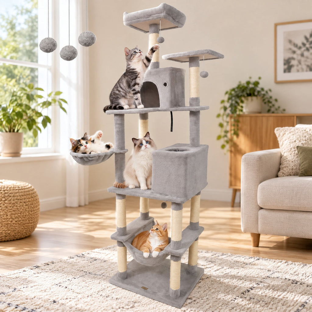 Airfind 80 Inches Tall Cat Tree with 2 Large Condos and Dangling Toys, 33 lbs Capacity, Engineered Board Sisal Plush Fabric Sponge Frame, Light Gray