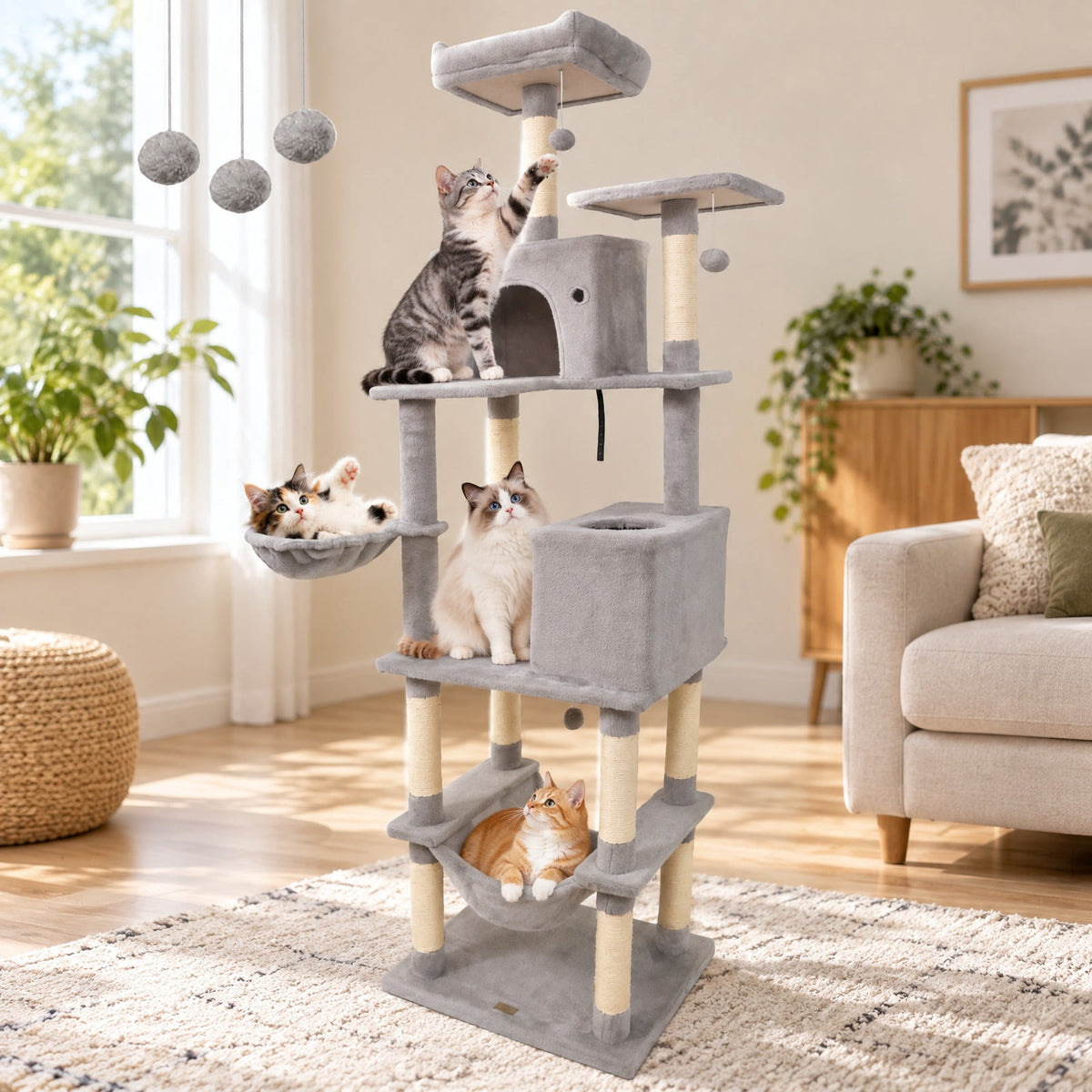 Airfind 80 Inches Tall Cat Tree with 2 Large Condos and Dangling Toys, 33 lbs Capacity, Engineered Board Sisal Plush Fabric Sponge Frame, Light Gray
