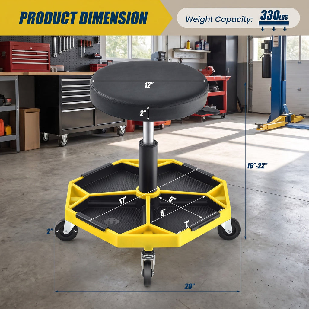 Airfind 330 LBS Capacity Pneumatic Rolling Mechanic Stool with Padded Seat, 20 x 20 x 16 inch Footprint, Yellow
