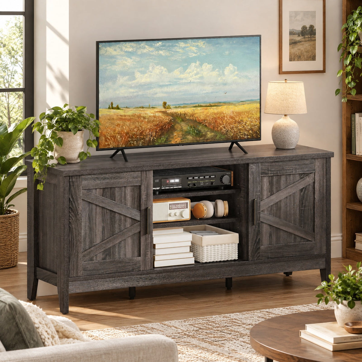 Airfind Farmhouse TV Stand for TVs up to 65 Inch Entertainment Center with 2 Storage Cabinets, 120 lbs Capacity, Engineered Wood Rubber Wood Frame