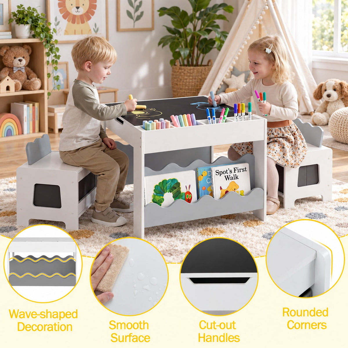 Airfind Multi-purpose Activity Kids Table and Chairs Set with Double-sided Tabletop, 55 lbs Capacity, MDF Frame, 26 Inch x 25 Inch x 19 Inch Footprint, Gray