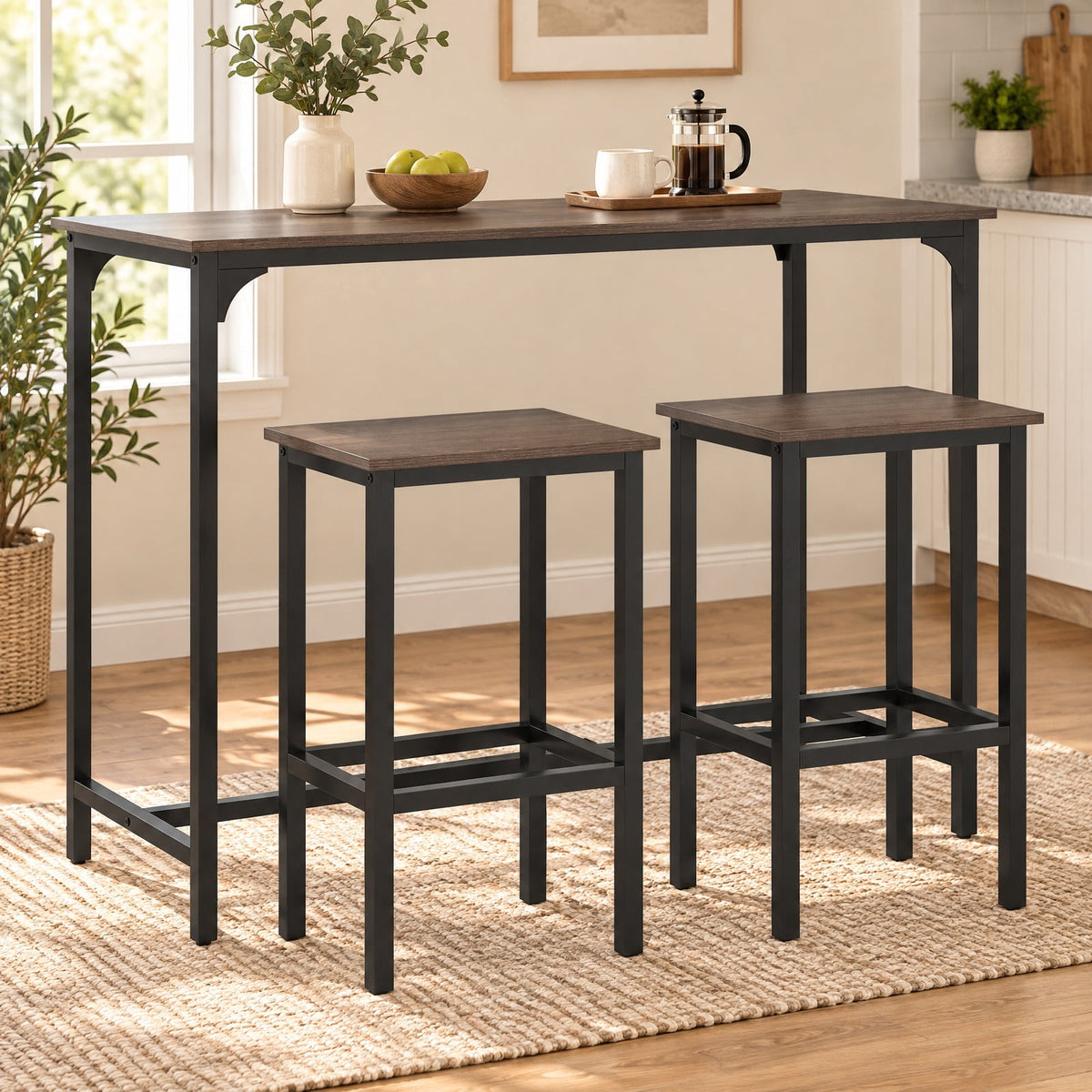 Airfind Industrial 3-Piece 47.5 Counter-Height Dining Table and 2 Bar Stools, 200 lbs Capacity, Metal Engineered Board Frame, Gray