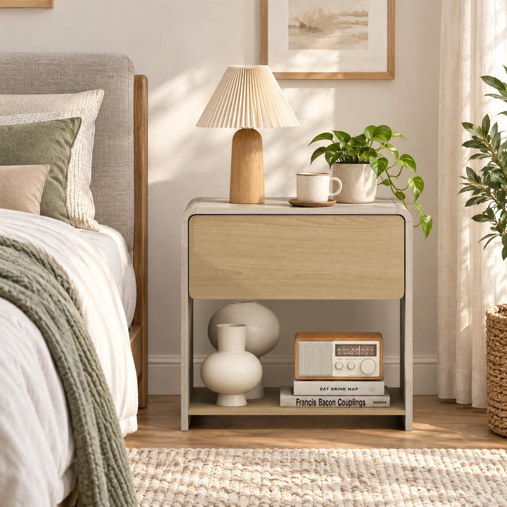 Airfind 2-Tier Modern Style Nightstand with Drawer and Open Shelf, 77 lbs Capacity, Metal Engineered Wood Frame, 24in x 18in x 23in Footprint, Oak