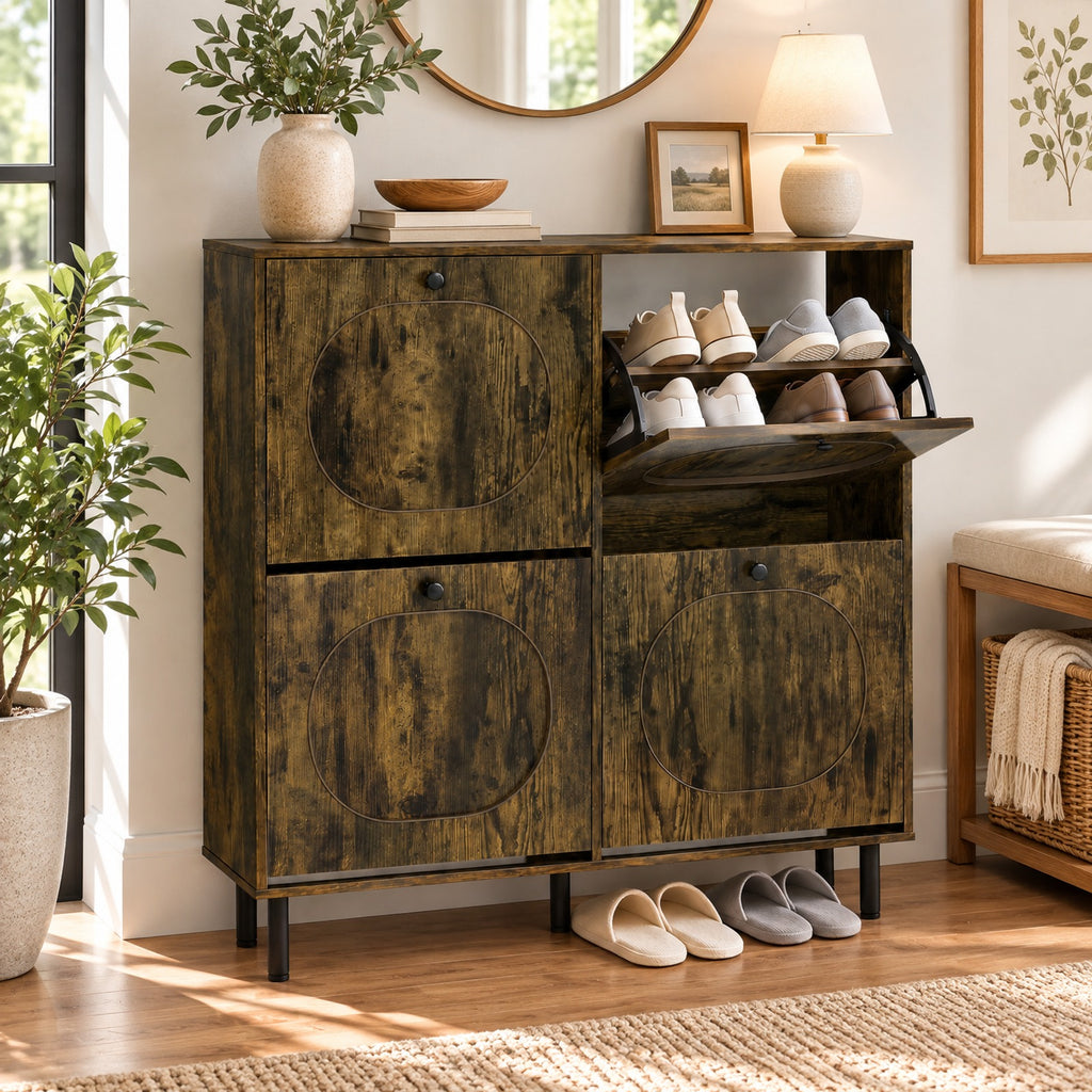 Airfind Shoe Storage Cabinet with 4 Flip Drawers and Aluminum Legs for Foyer and Hallway, 40in x 9.5in x 38.5inNet Weight 55 lbsWeight Footprint, Brown