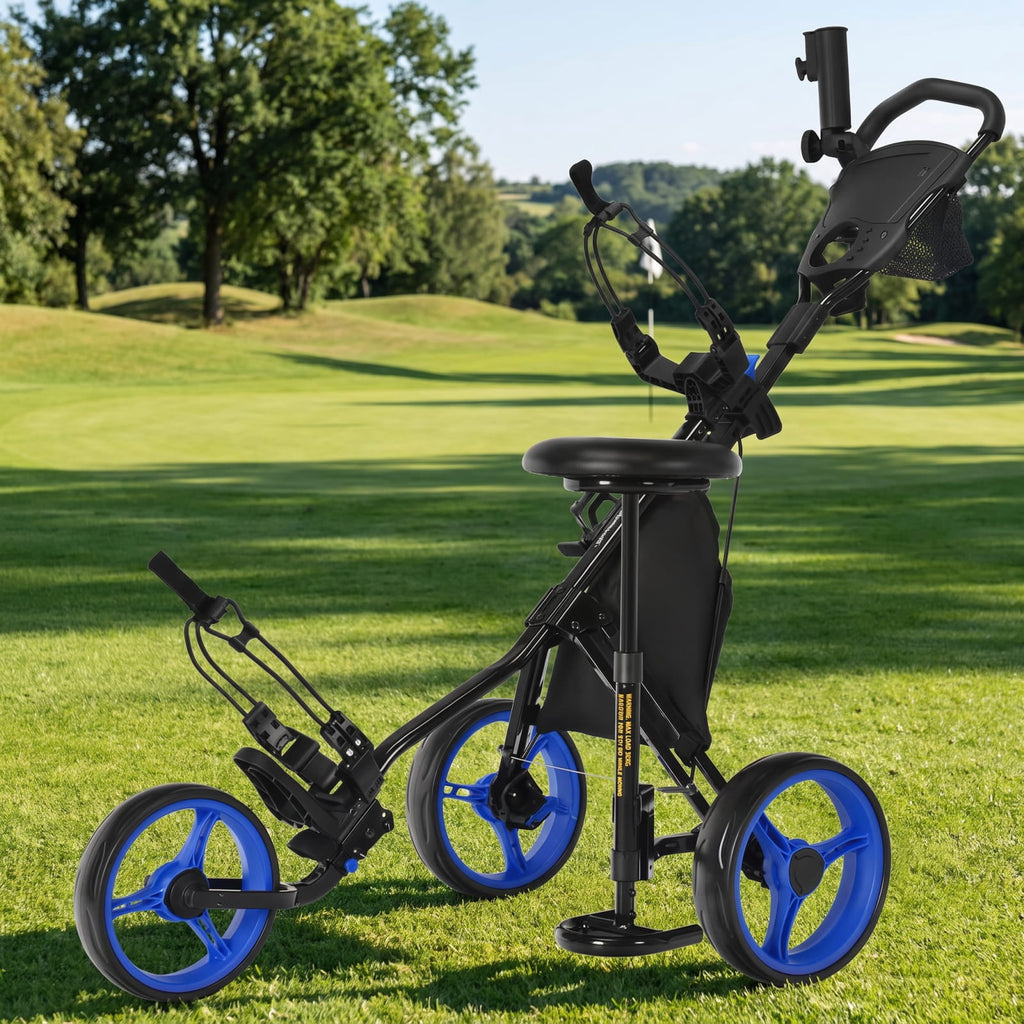 Airfind 3 Wheel Folding Golf Push Cart with Cushioned Seat and Scoreboard and Adjustable Handle and Quick Brake for the Course, Blue