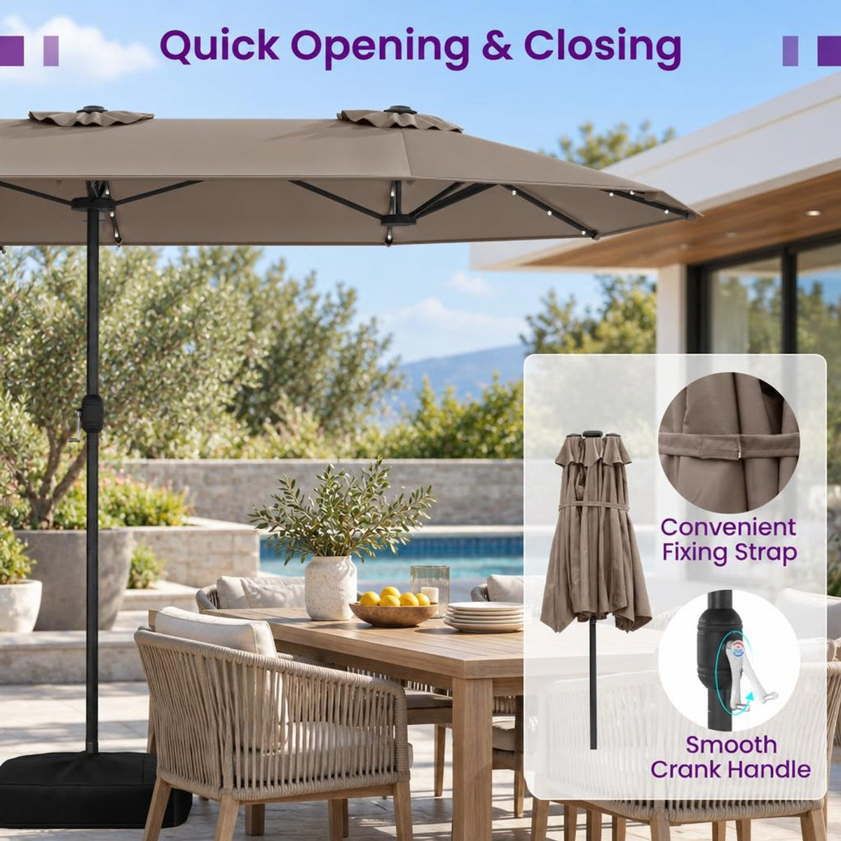 Airfind 13FT Double-sided Patio Umbrella with Solar Lights for Garden Pool Backyard, Metal 180g Yarn Dyed Fabric PA Coating Frame, Coffee