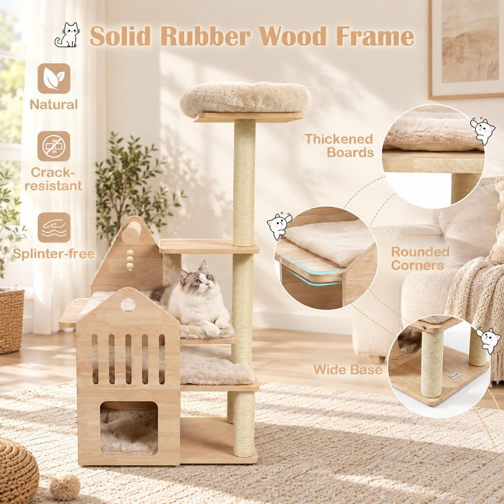 Airfind 48.5in Multi-Level Solid Wood Cat Tree for Indoor Cats with Padded Top Perch Cat Condo and Sisal Scratching Posts, Beige