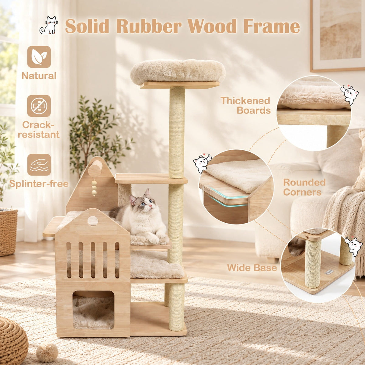 Airfind 48.5in Multi-Level Solid Wood Cat Tree for Indoor Cats with Padded Top Perch Cat Condo and Sisal Scratching Posts, Beige