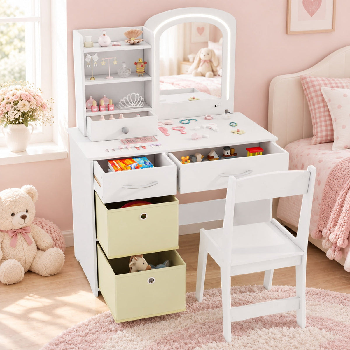 Airfind Kids Vanity Set with Lighted Mirror Makeup Desk and Chair Set with Drawers, 110 lbs Capacity, MDF Frame, for 3+ years old, White