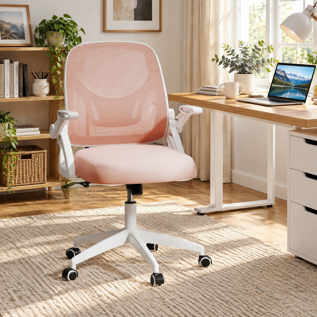Airfind Ergonomic Computer Desk Chair with Lumbar Support and Flip-up Arms, 330 lbs Capacity, PP Metal Mesh Plywood Sponge Frame, Pink