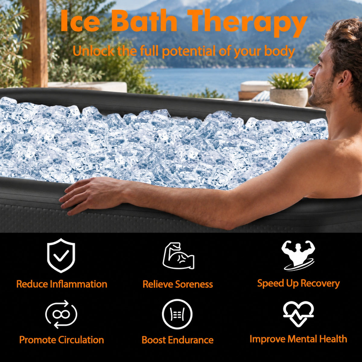 Airfind XL 129 Gal Oval Ice Bath Tub with Cover and Hand Pump for Athletes, 800 lbs Recommended Pressure 8 PSI Capacity, PVC Frame, Black