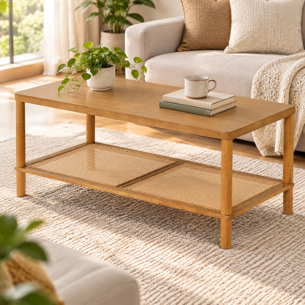Airfind 2-Tier Boho Coffee Table for Living Room Rectangular Center Table with Rubber Wood Frame and PVC Rattan Storage Shelf, 185 lbs Capacity