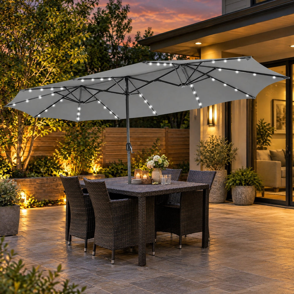 AIRFIND Patio Umbrella with 48 Solar LED Lights, 15 ft Double-Sided Canopy, Hand Crank and 12 Steel Ribs, Base Sold Separately, Gray