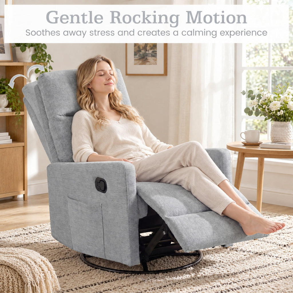 Airfind Swivel Rocking Chair 360° Nursery Reclining Rocker Armchair with Cushioned Back, 330 lbs Capacity, Lint Fabric Frame, Gray