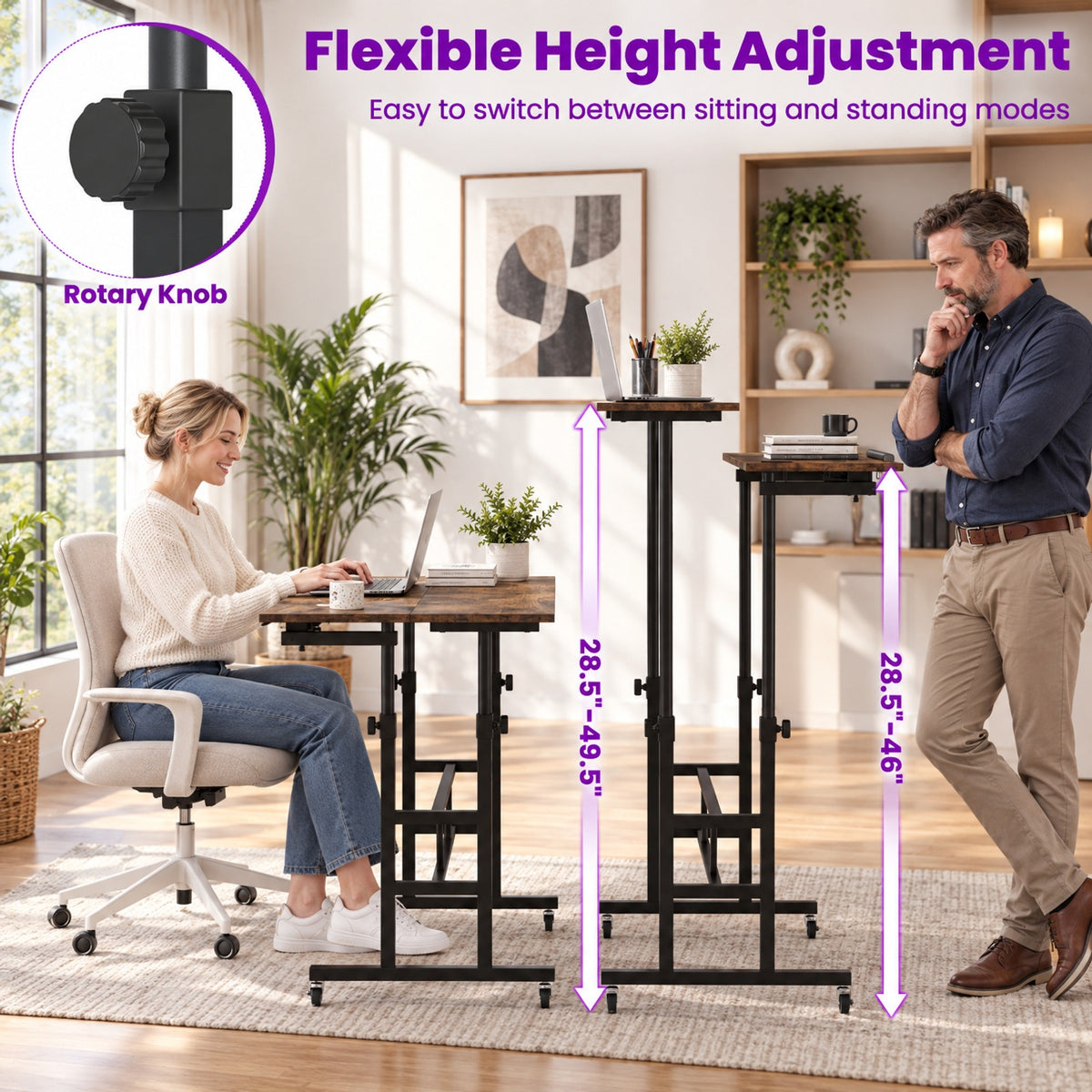 Airfind Height Adjustable Mobile Standing Desk with Power Outlets and Portable Rolling Laptop Cart on Wheels, Brown