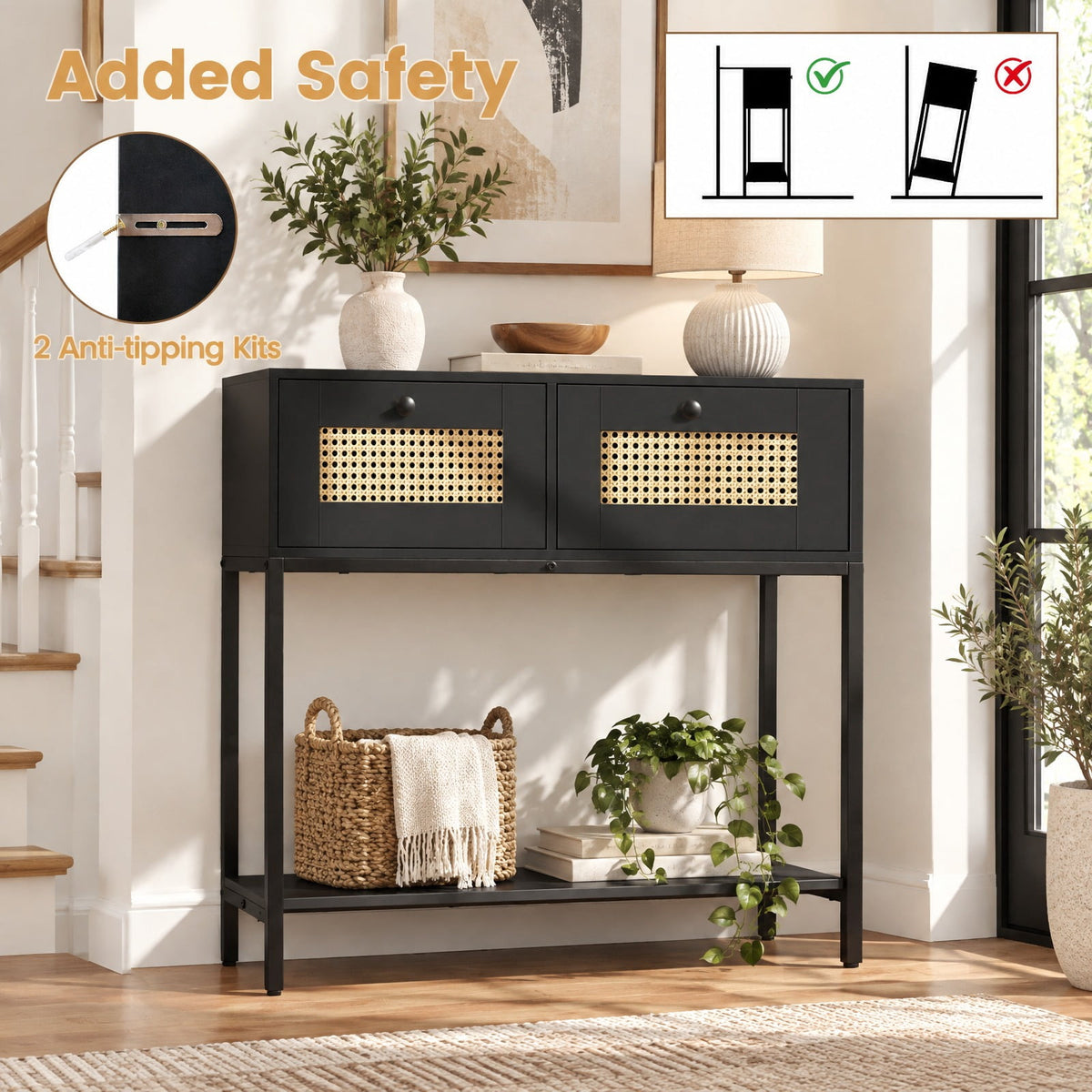 Airfind Rattan Console Table Boho Entryway Table with 2 Rattan Drawers and Open Storage Shelf, 88 lbs Capacity, Black