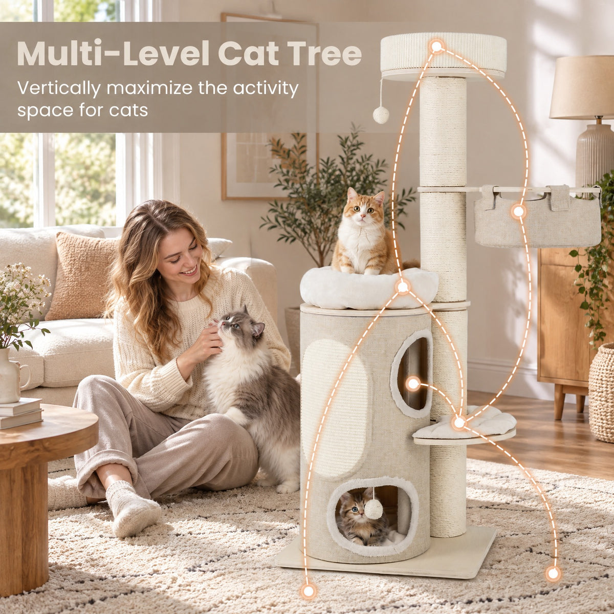 Airfind 61 Inches Cat Tree for Indoor Cats with 2-stoery Condo and Top Perch, 33 lbs Capacity, Natural
