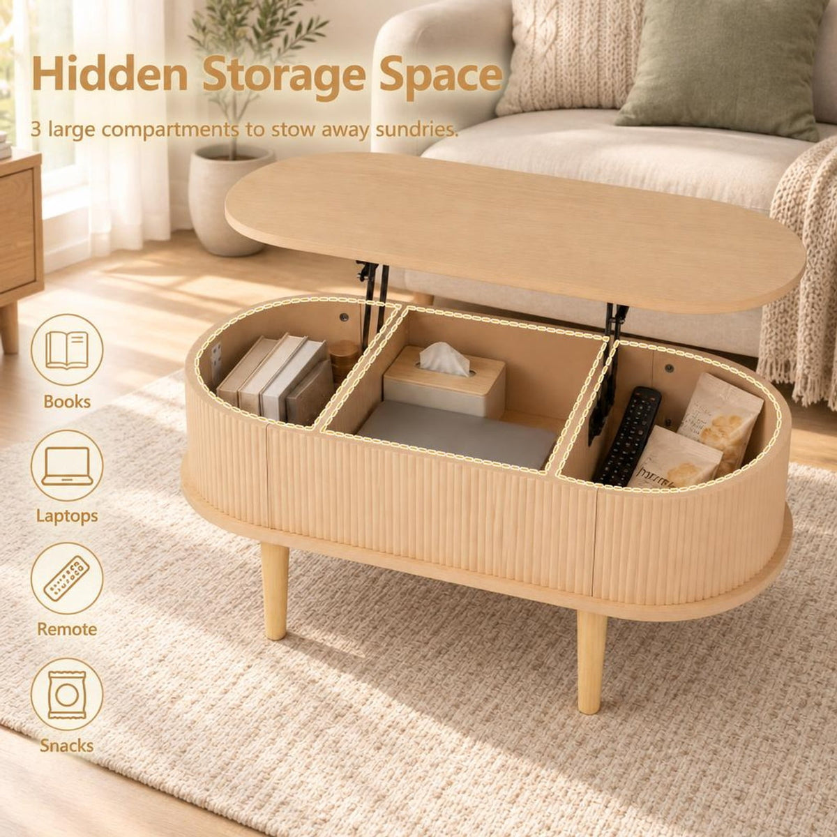 Airfind 43.5 Inch Oval Lift Top Coffee Table with Storage and Fluted Design for Living Room, 200 lbs Capacity, Engineered Wood Solid Wood Frame, Natural