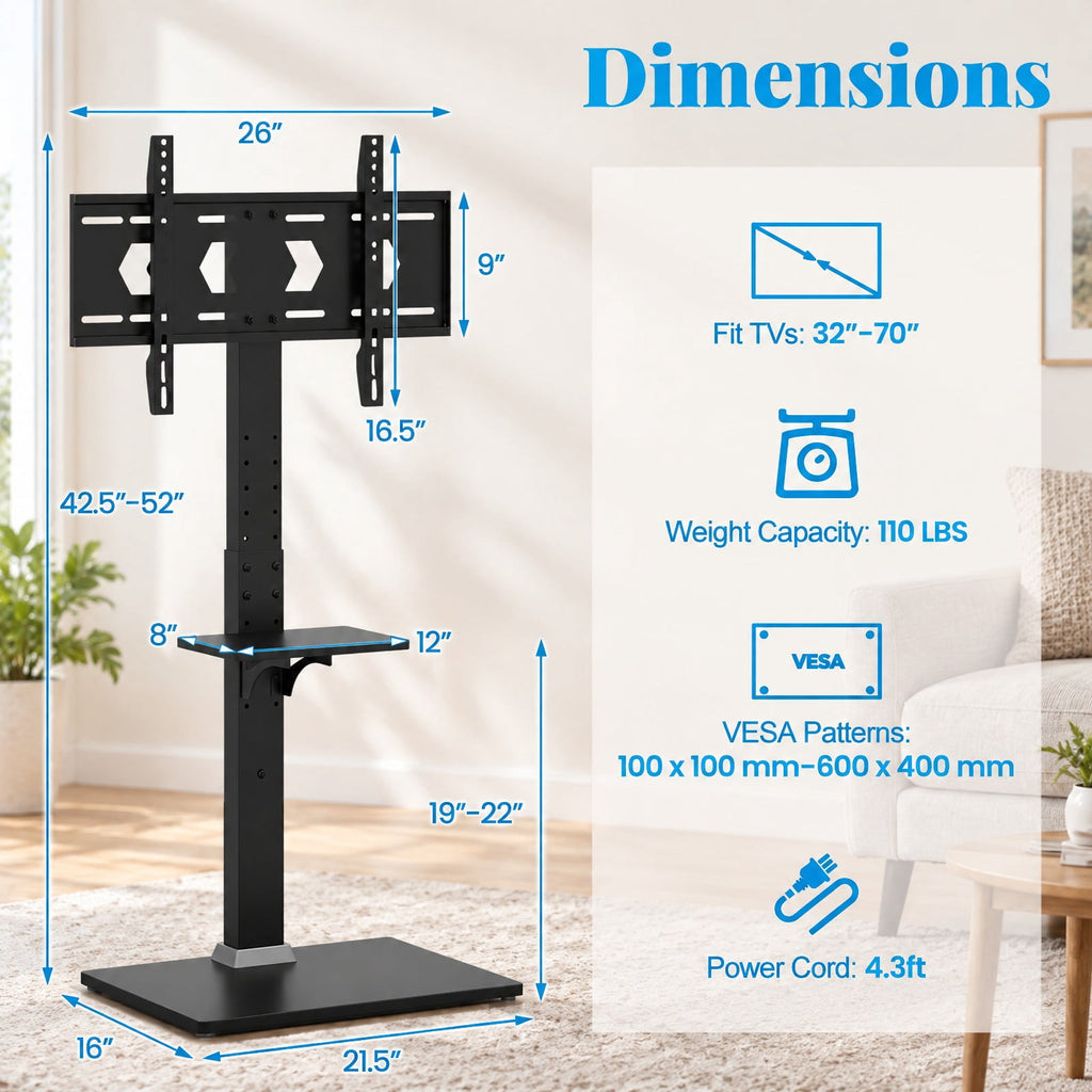 Airfind Tilt and Height Adjustable Floor TV Stand featuring Power Outlet and Adjustable AV Shelf, 110 lbs Capacity, MDF Metal Frame, Black
