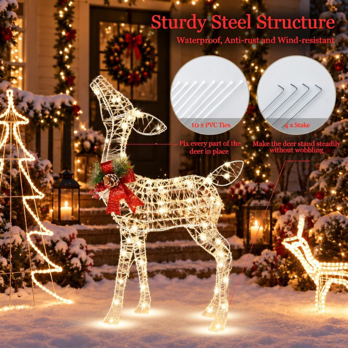 Airfind 34.5 Inch Lighted Christmas Reindeer Decoration with 50 Warm White LED Lights, White, Dimension 20.5 Inch x 8 Inch x 34.5 Inch (L x W x H)