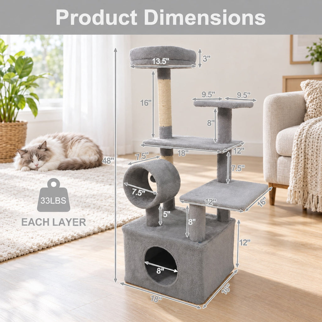Airfind 48 Inches Tall Cat Tree Multi-Level Kitten Tower with Large Condo Padded Top Perch, Engineered Board Plush Sponge Jute Frame, Light Gray