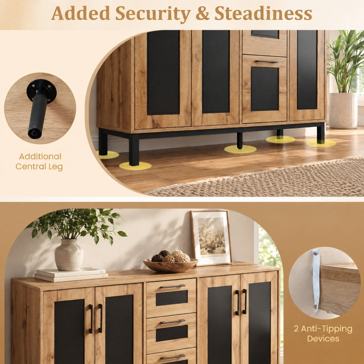 Airfind 63 Inch Sideboard Buffet Cabinet with 3 Drawers and Storage Shelves, 135 lbs Capacity, Engineered Wood Frame, 63 Inch x 16 Inch x 37.5 Inch Footprint
