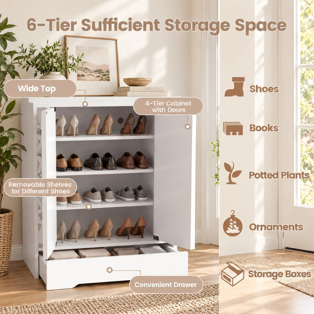 Airfind Mirrored Shoe Cabinet 4-Tier Shoe Organizer with Large Drawer, MDF Engineered Wood Frame, 31 x 16 x 37 inch Footprint, White
