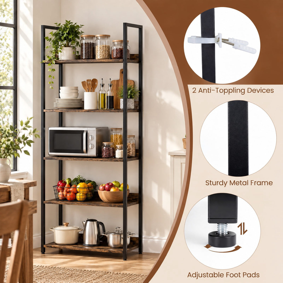 Airfind Bookshelf, 5-Tier, Tall Wooden Open Bookcase with Back Panels, 33 lbs Capacity, Engineered Wood Metal Frame, 24 Inch x 12 Inch x 61 Inch Footprint, Brown