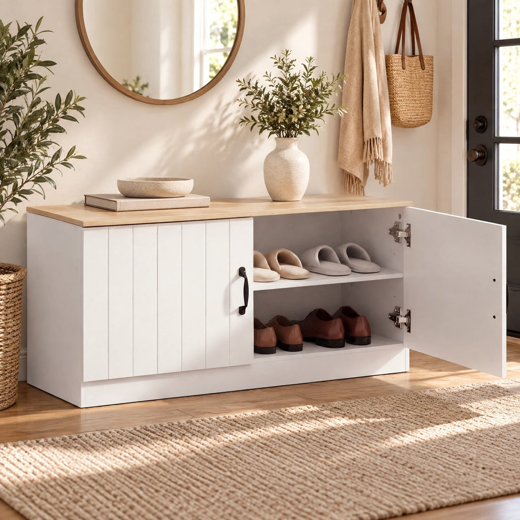 Airfind 2-Door Shoe Bench Shoe Storage Cabinet with Adjustable Shelves, 300 lbs Capacity, Engineered Wood MDF Frame, 40 x 16 x 19 Footprint