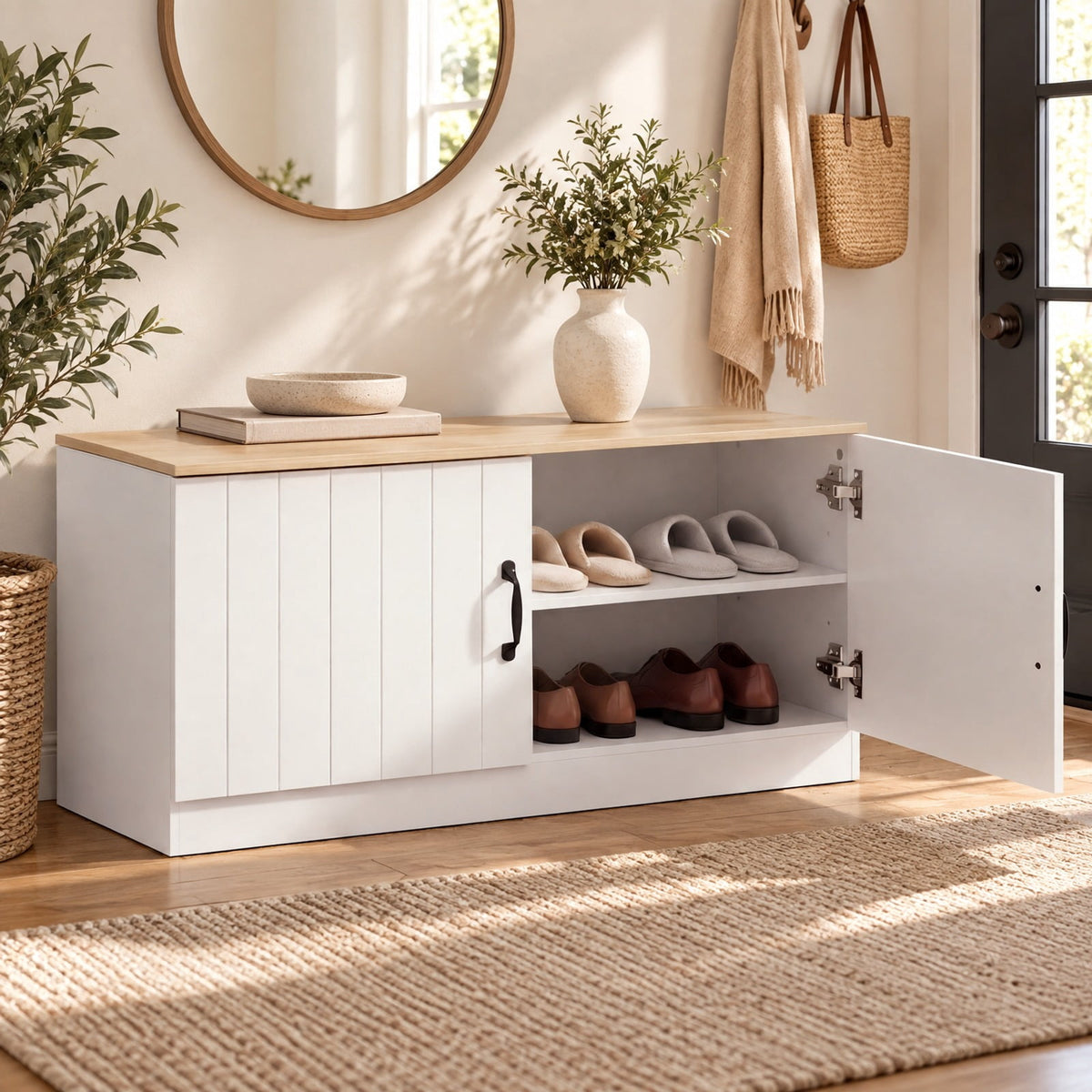 Airfind 2-Door Shoe Bench Shoe Storage Cabinet with Adjustable Shelves, 300 lbs Capacity, Engineered Wood MDF Frame, 40 x 16 x 19 Footprint
