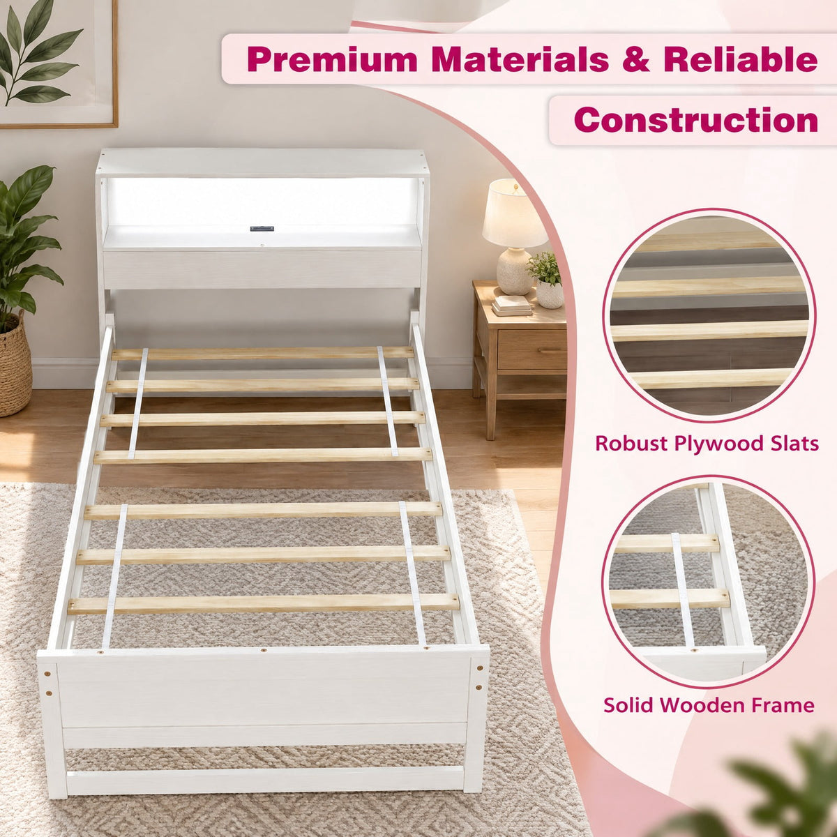 Airfind Twin Size Bed Frame with Storage Headboard and Charging Station, 200 lbs Capacity, Plywood Pine Wood MDF Engineered Wood Frame, White