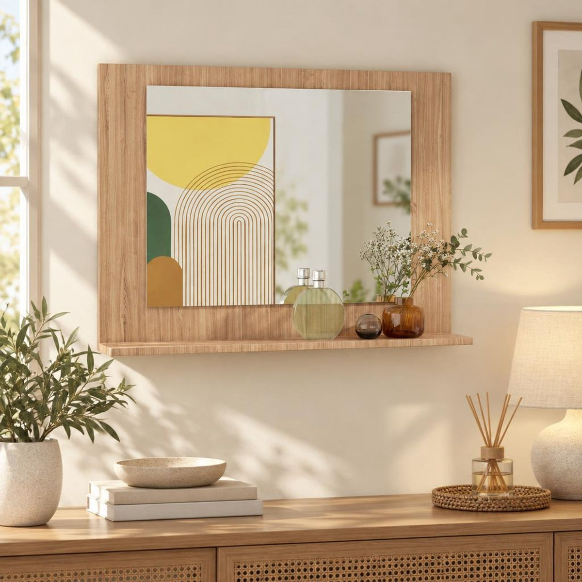 Airfind Rectangle Bathroom Mirror with Shelf 23.5 x 17.5 Inch and Wood Frame, 23.5 x 4 x 17.5Mirror Footprint, Brown