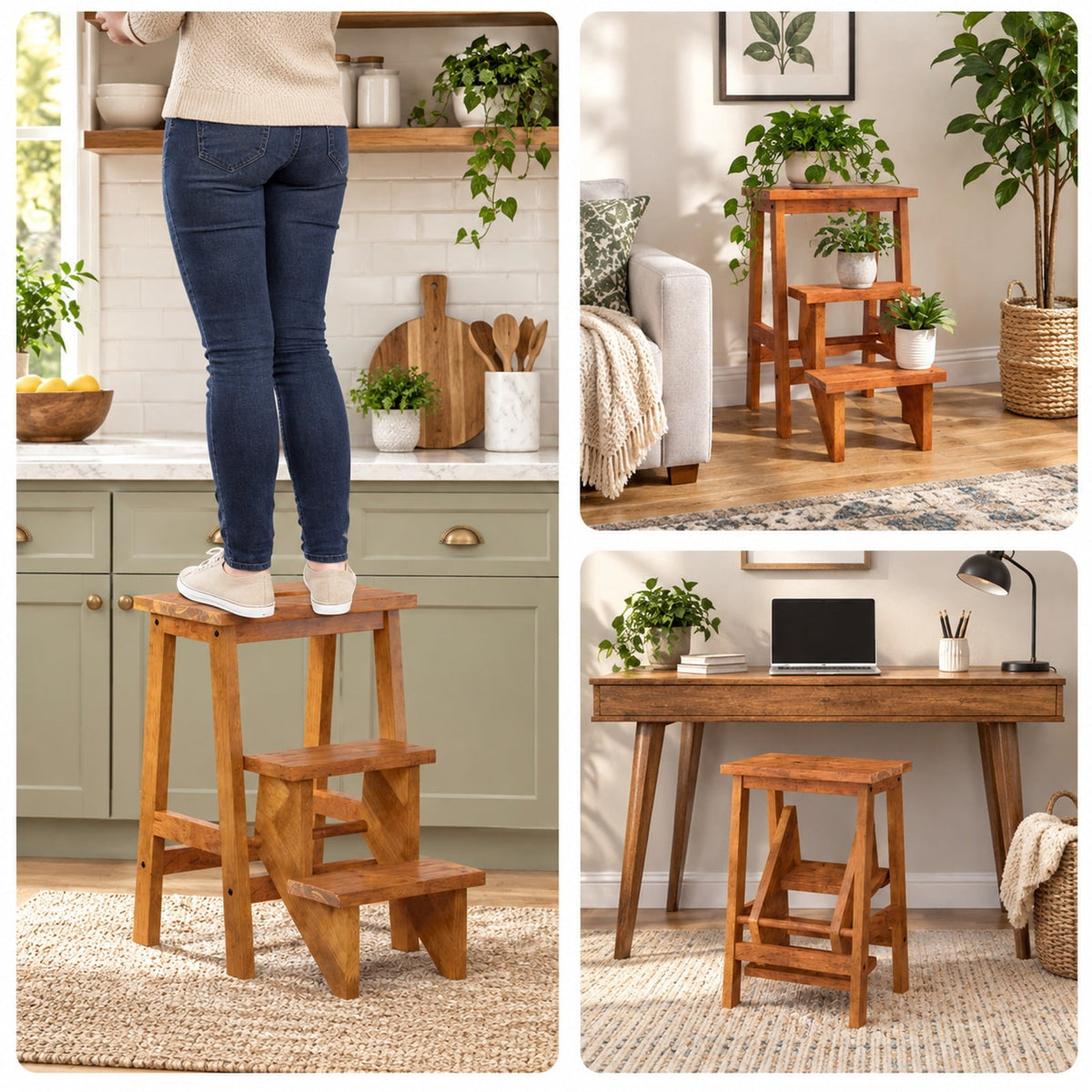 Airfind 3-in-1 Rubber Wood Step Stool with Convenient Handle, Rubber wood Frame, 22 x 16 x 24 Footprint, Coffee