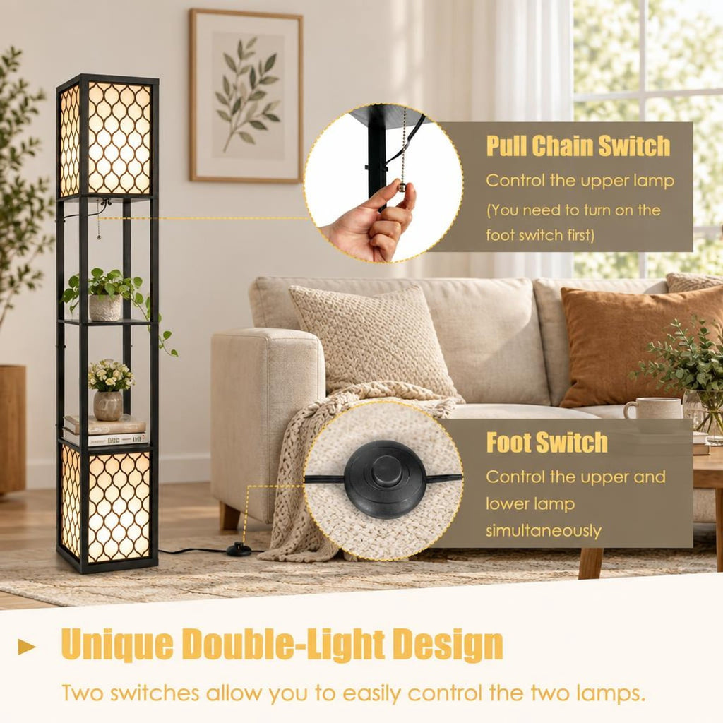 Airfind Modern Shelf Freestanding Floor Lamp with Double Lamp Pull Chain and Foot Switch, MDF Frame, 10in x 10in x 62in Footprint, Black+ White