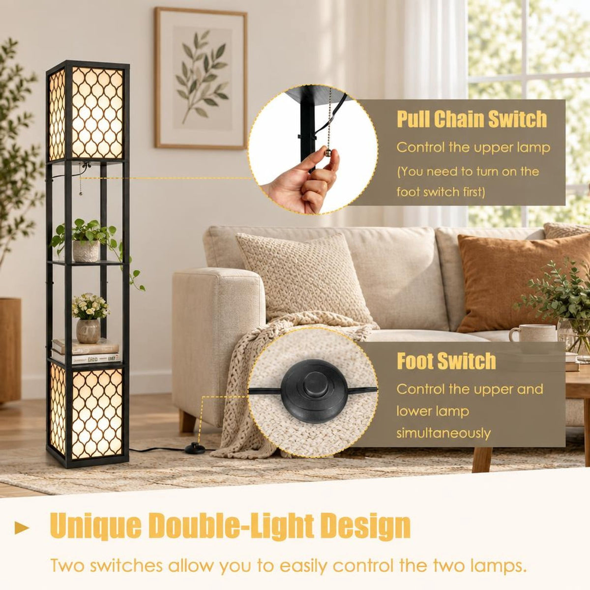 Airfind Modern Shelf Freestanding Floor Lamp with Double Lamp Pull Chain and Foot Switch, MDF Frame, 10in x 10in x 62in Footprint, Black+ White