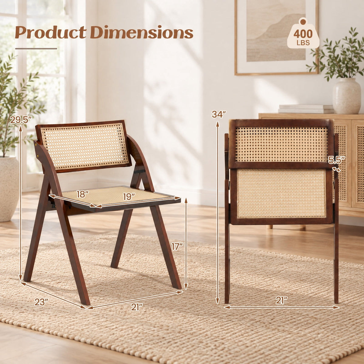 Airfind Foldable Dining Chairs Set of 2 with Woven Rattan Backrest, 400 lbs Capacity, Rubber Wood Plywood Plastic Frame, 23 Inch x 21 Inch x 29.5 Inch Footprint