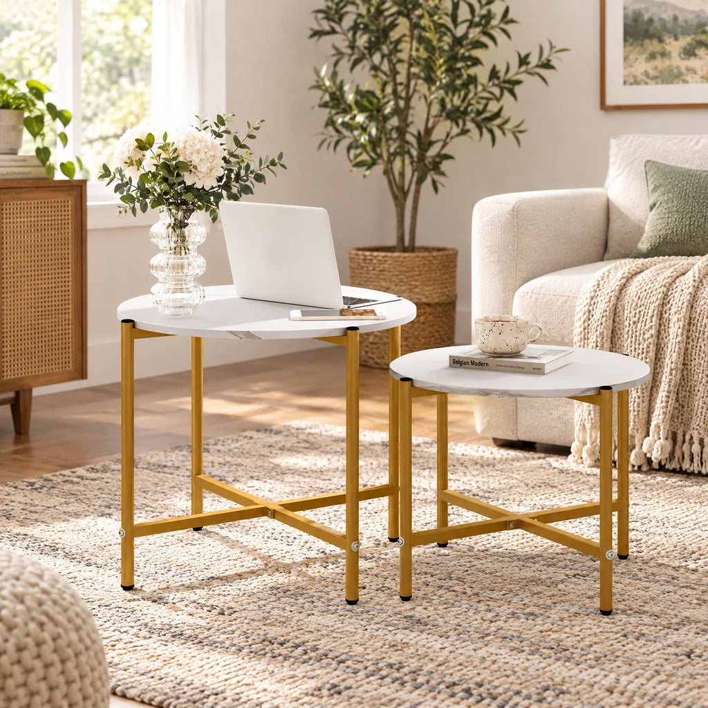 Airfind Round Coffee Table Set of 2 with Heavy-Duty Metal Frame, 200 lbs Capacity, Engineered Wood Metal Frame, 25.5 x 25.5 x 20 Footprint, White