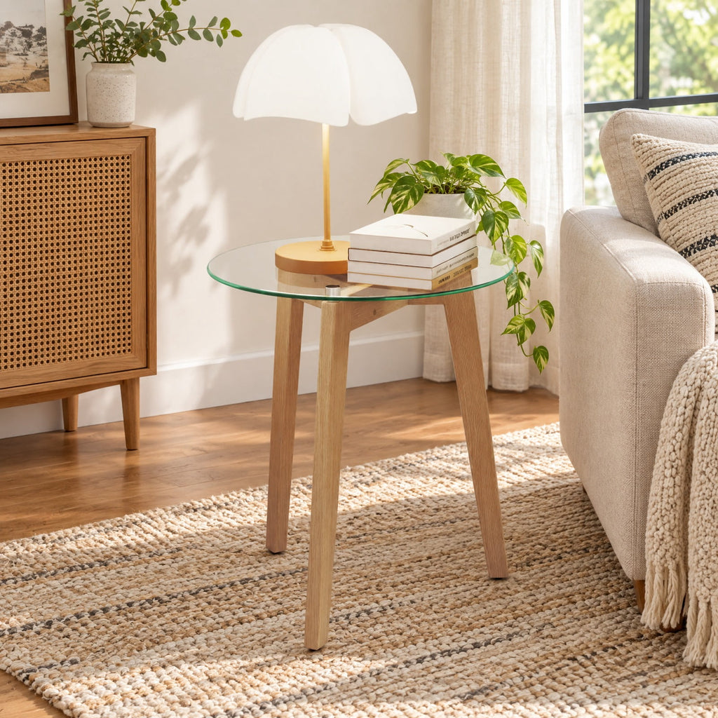 Airfind Tempered Glass End Table Round with Solid Rubber Wood Structure-Set of 2, 110 lbs Capacity, Tempered Glass Rubber Wood Plywood Frame
