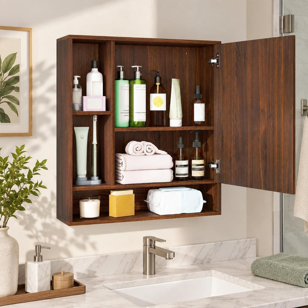 Airfind Wall Mounted Bathroom Cabinet with Mirror Single Door, 176 lbs Capacity, Glass MDF Engineered Wood Frame, 21.5 Inch x 6.5 Inch x 24 Inch Footprint