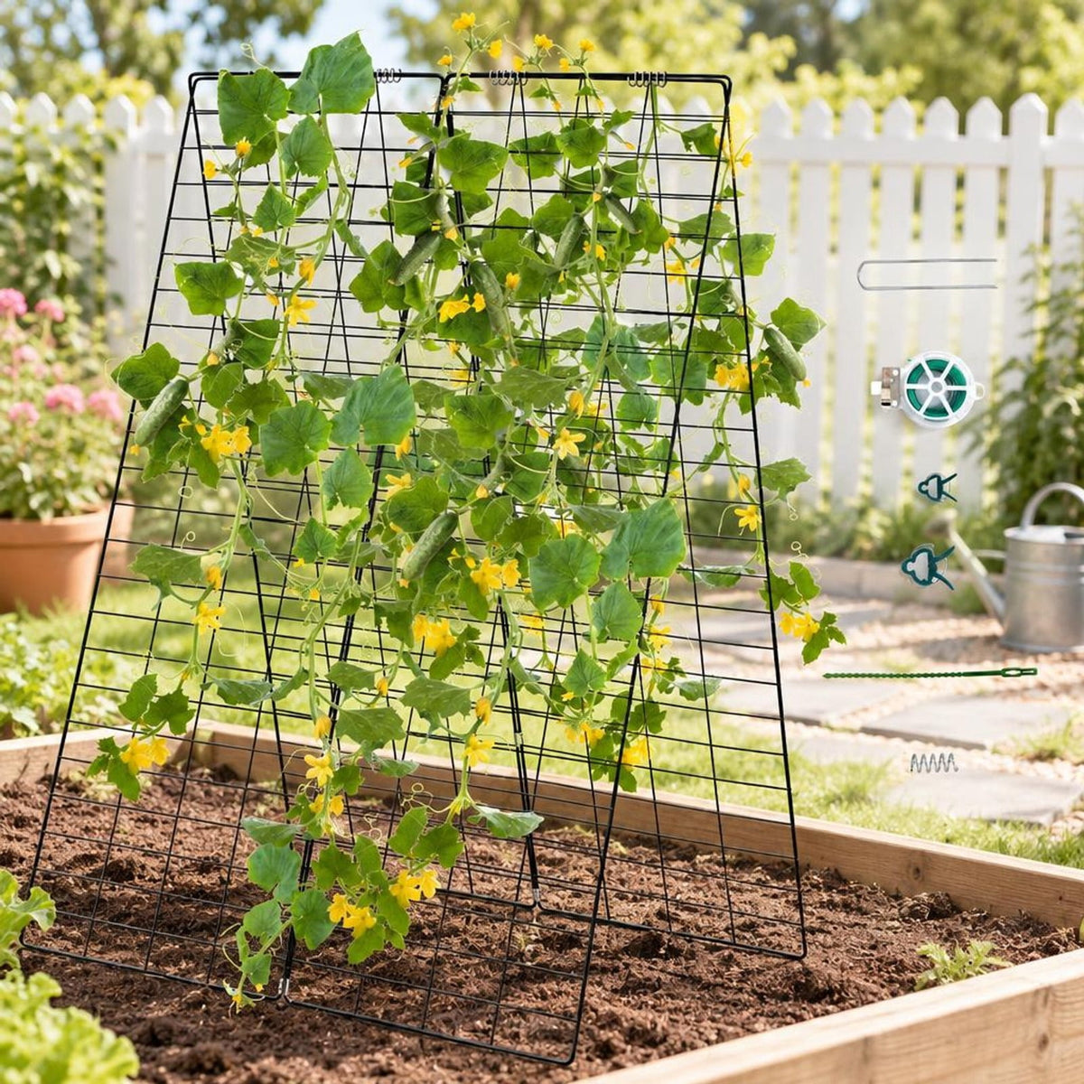 Airfind A-Frame Garden Trellis for Climbing Plant with Ground Stake and Cable Tie, Steel PP Frame, Green