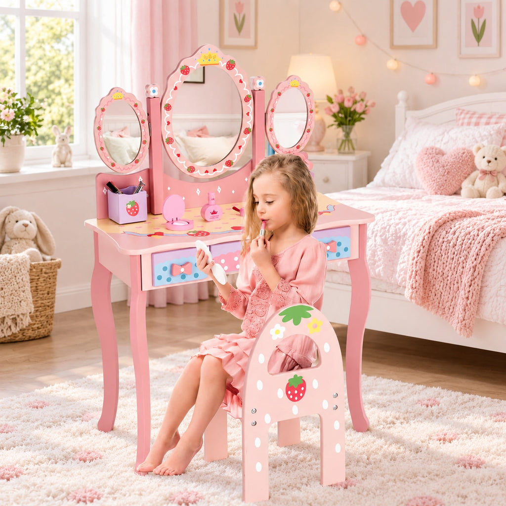 Airfind Kids Vanity Princess Makeup Dressing Table Chair Set with Tri-fold Mirror, 44 lbs Capacity, MDF Frame, Pink