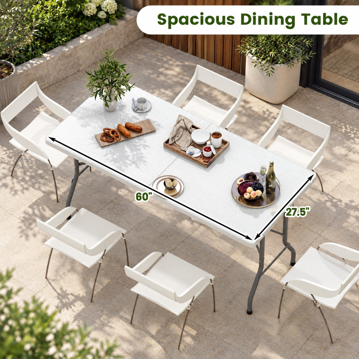 Airfind 5FT Folding Picnic Table with Wood Grain HDPE Tabletop and Non-slip Foot Pads, 400 lbs Capacity, HDPE Metal Frame, White