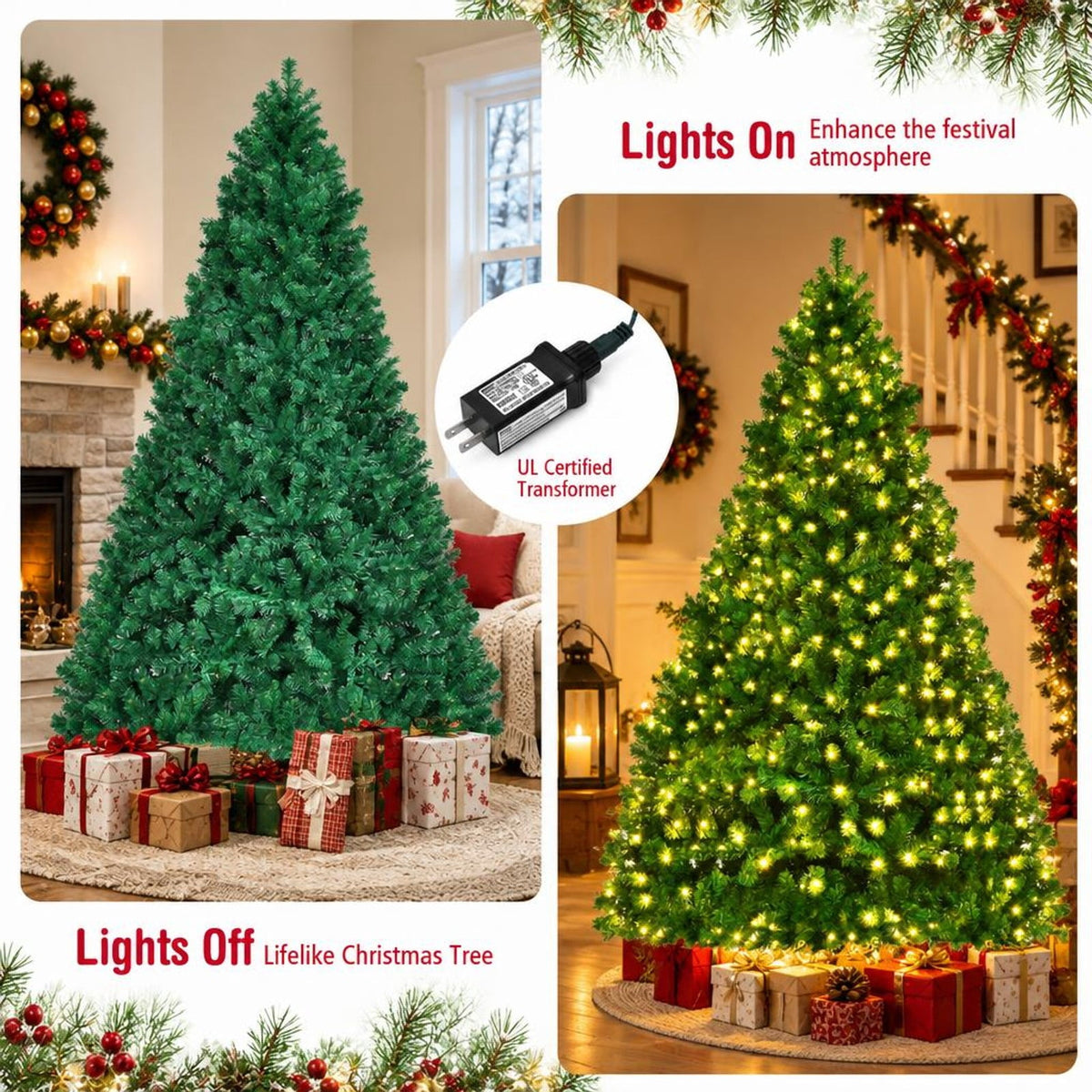Airfind 8 Feet PVC Artificial Christmas Tree with LED Lights-8 ft, PVC iron Frame, 4.3 x 7.5 H Footprint, Green