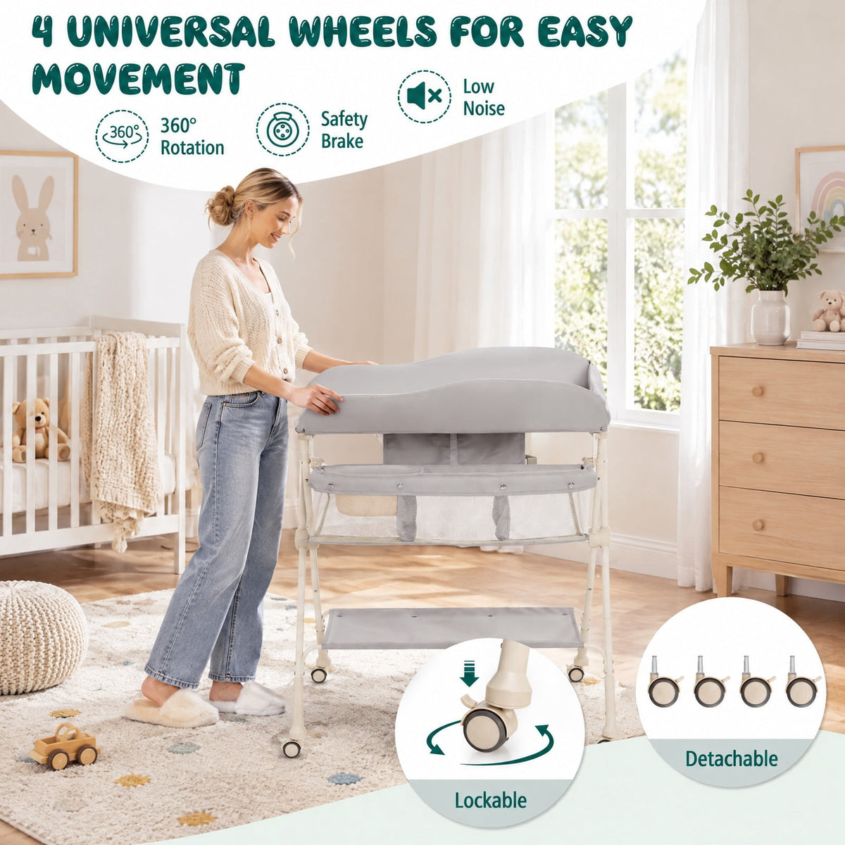 Airfind Baby Diaper Changing Table with Water Basin Wheel, 33 lbs Capacity, PP Frame, for 0-12 Months, 32.5x 27.5x 38-40 Footprint, Gray