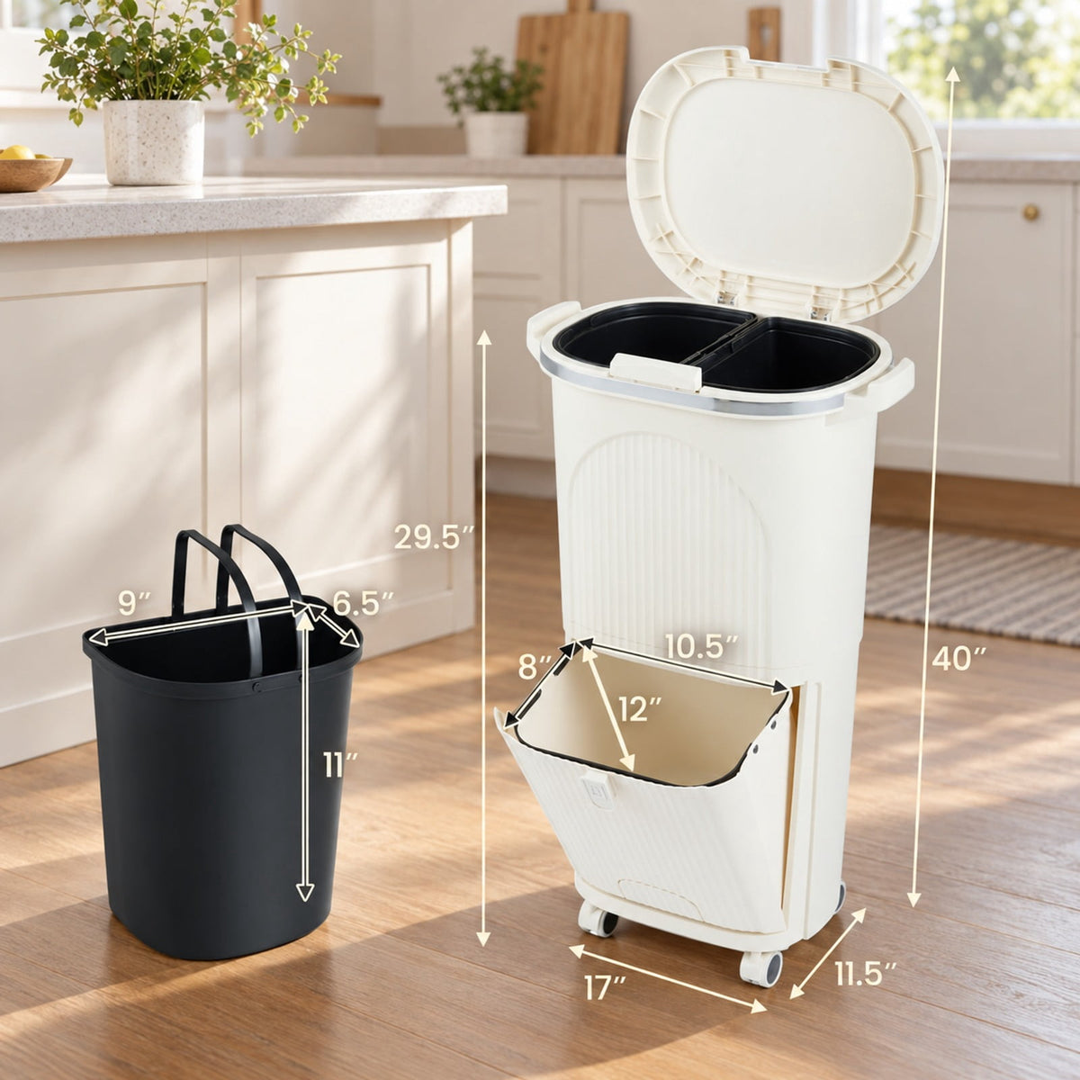 Airfind 10 Gallon Kitchen Trash Can Double-Layer with Lid and 2 Removable Buckets, PP Frame, 17 x 11.5 x 29.5 Overall Height (Open) 40 Footprint