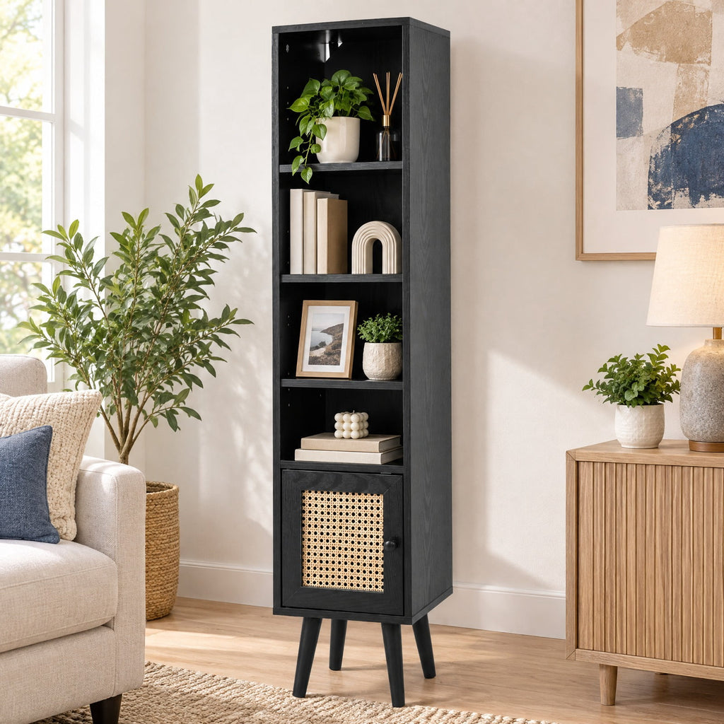 Airfind 4 Tiers Rattan Storage Cabinet with Slim Design, 135 lbs Capacity, Engineered Wood Solid Wood Rattan Frame, 12 x 12 x 54 Footprint, Black