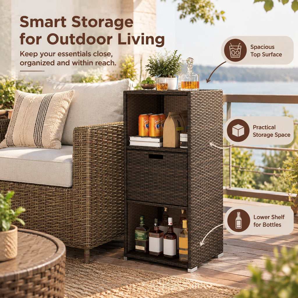 Airfind Outdoor Storage Cabinet Patio Wicker Organizer with Drawer, PE Rattan Metal Frame, 19.5 x 19.8 x 43 Footprint, Brown