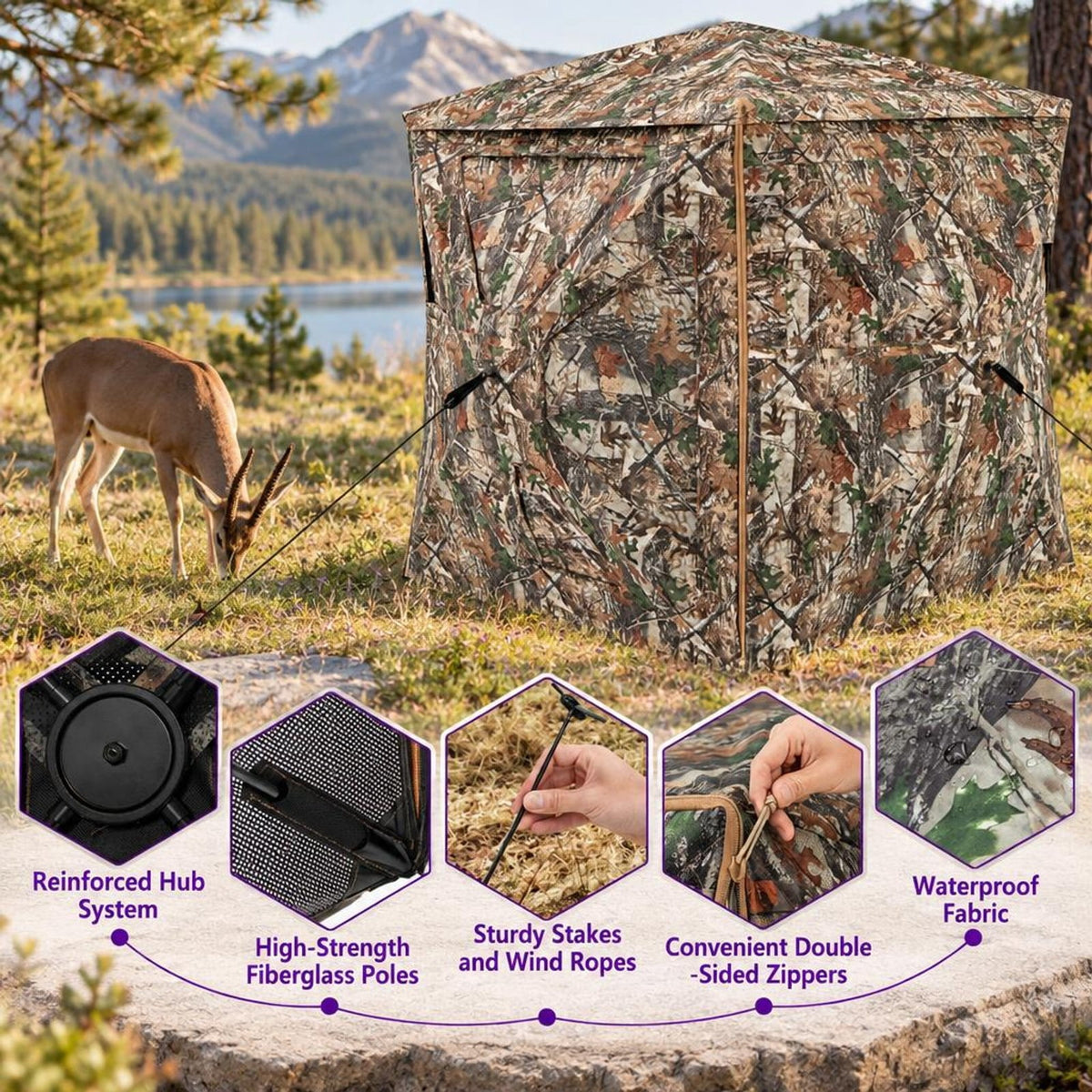 Airfind 5-IN-1 Detachable Hunting Blind for 2-3 People with Skylight, 150D Oxford Fabric PU Coating Fiberglass Pole Frame, Camouflage