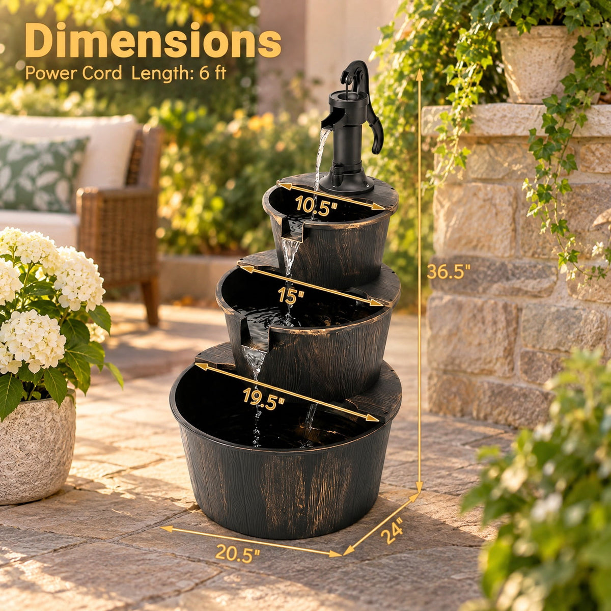 Airfind 3-Tier Outdoor Barrel Waterfall Fountain with Electric Pump, PP Metal Frame, 24 x 21 x 37 Footprint, Bronze Black