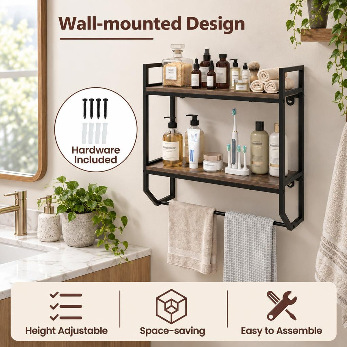 AIRFIND Bathroom Wall Shelf with Towel Bar, 2-Tier Over-Toilet Storage Rack with Metal Frame and 22 in Hanging Rail, 23 in Wide, Gray